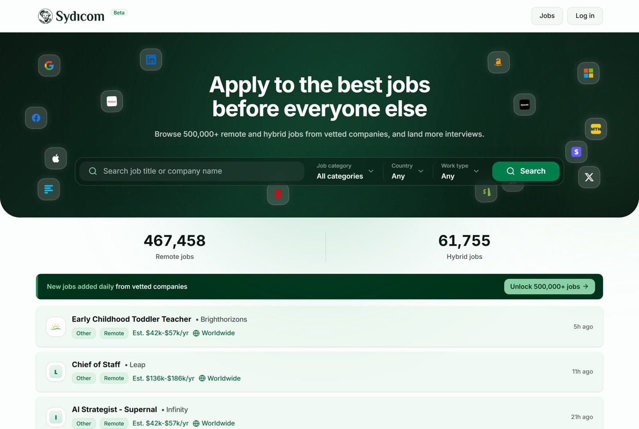 The Sydicom homepage with the job search bar, live remote and hybrid job counts, and a feed of remote roles