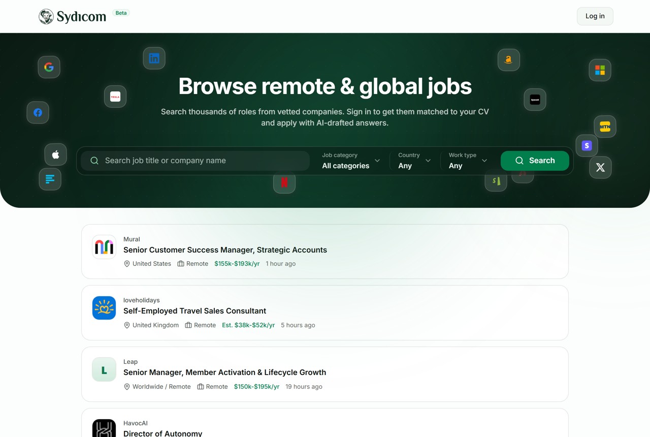 The Sydicom jobs board showing remote roles from companies such as Mural and Leap, each with location, work type, and salary
