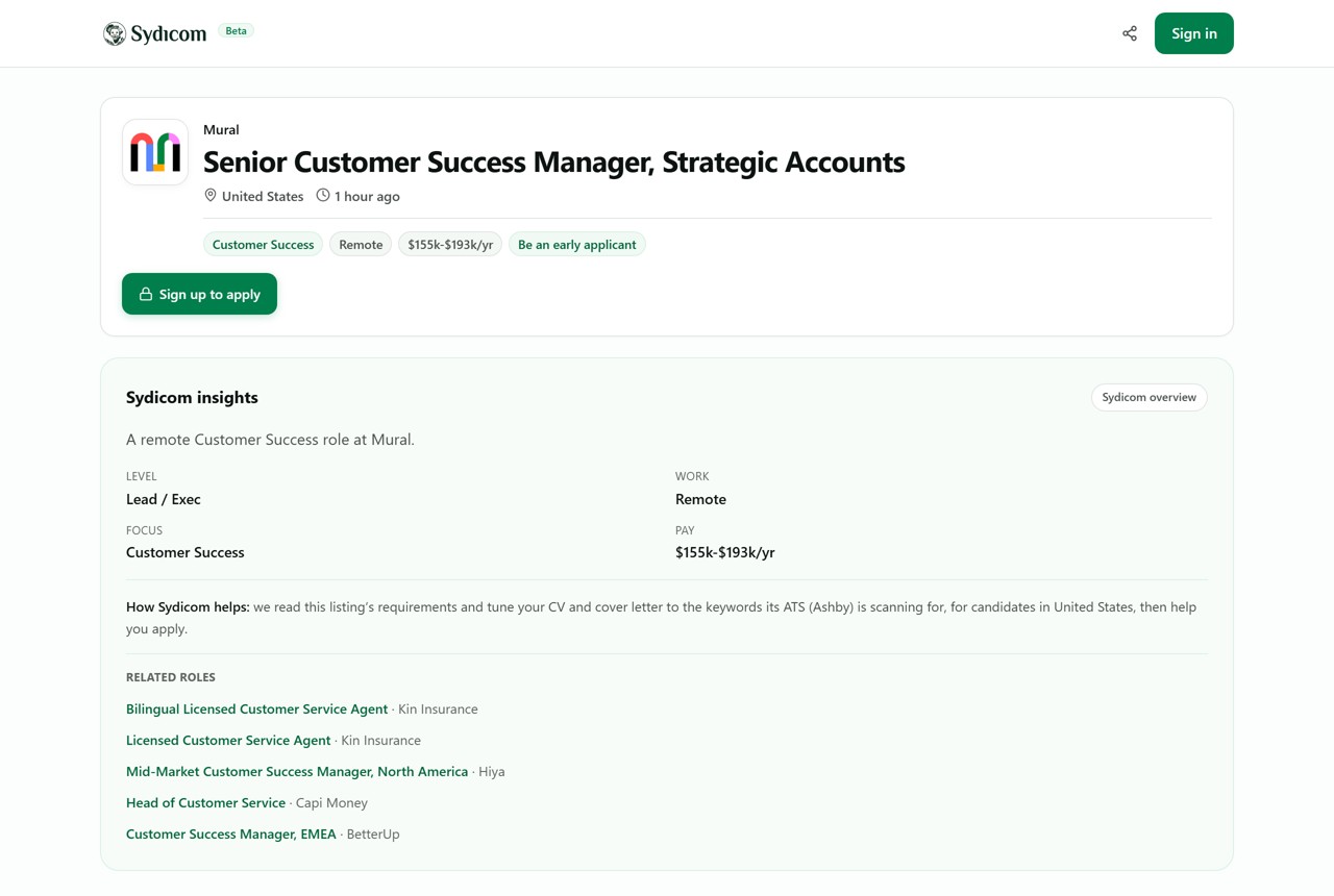 A remote Customer Success role at Mural on Sydicom, showing the salary, the Sydicom insights panel, the detected ATS, and related roles