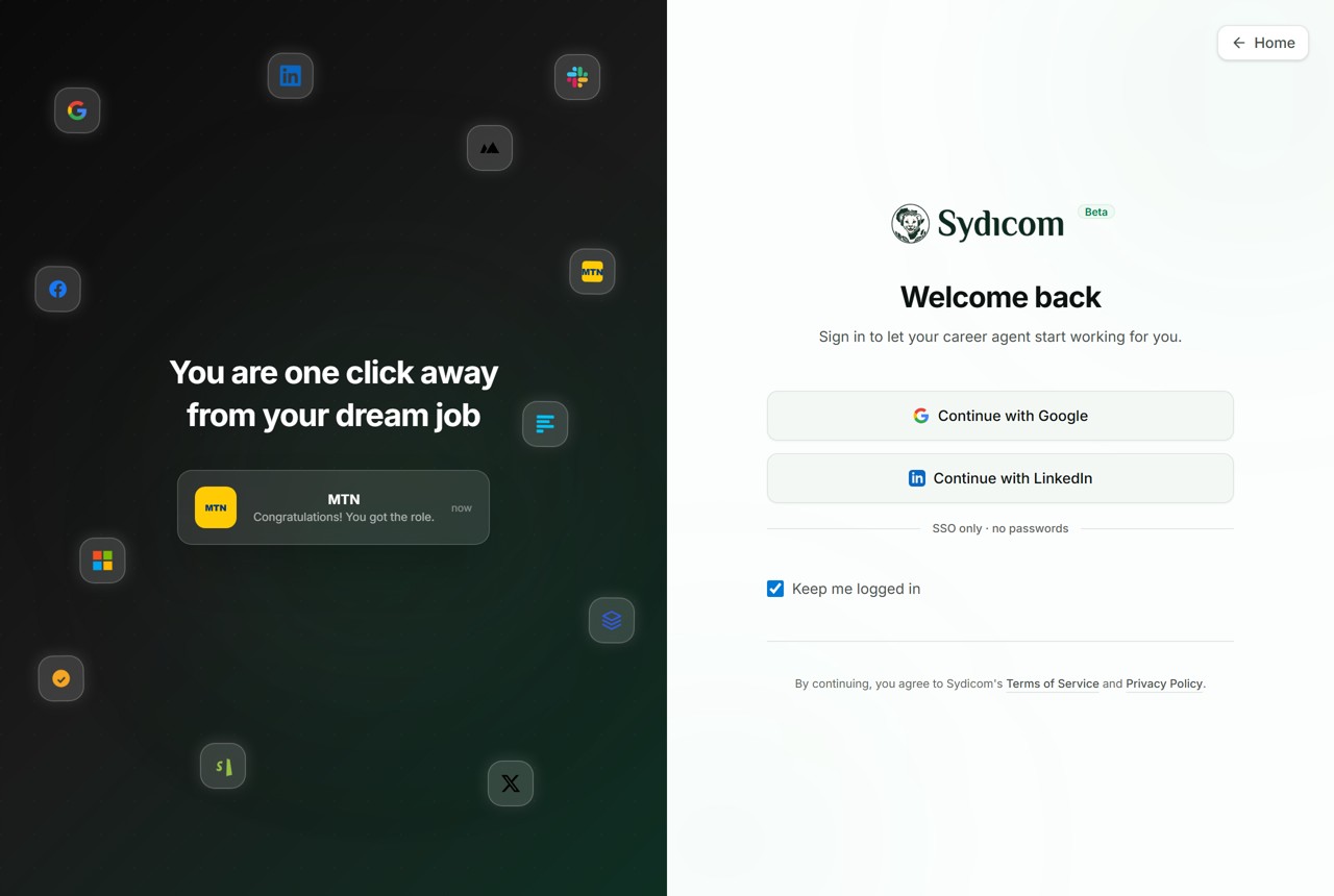 The Sydicom sign-up page where you create a free profile to start applying