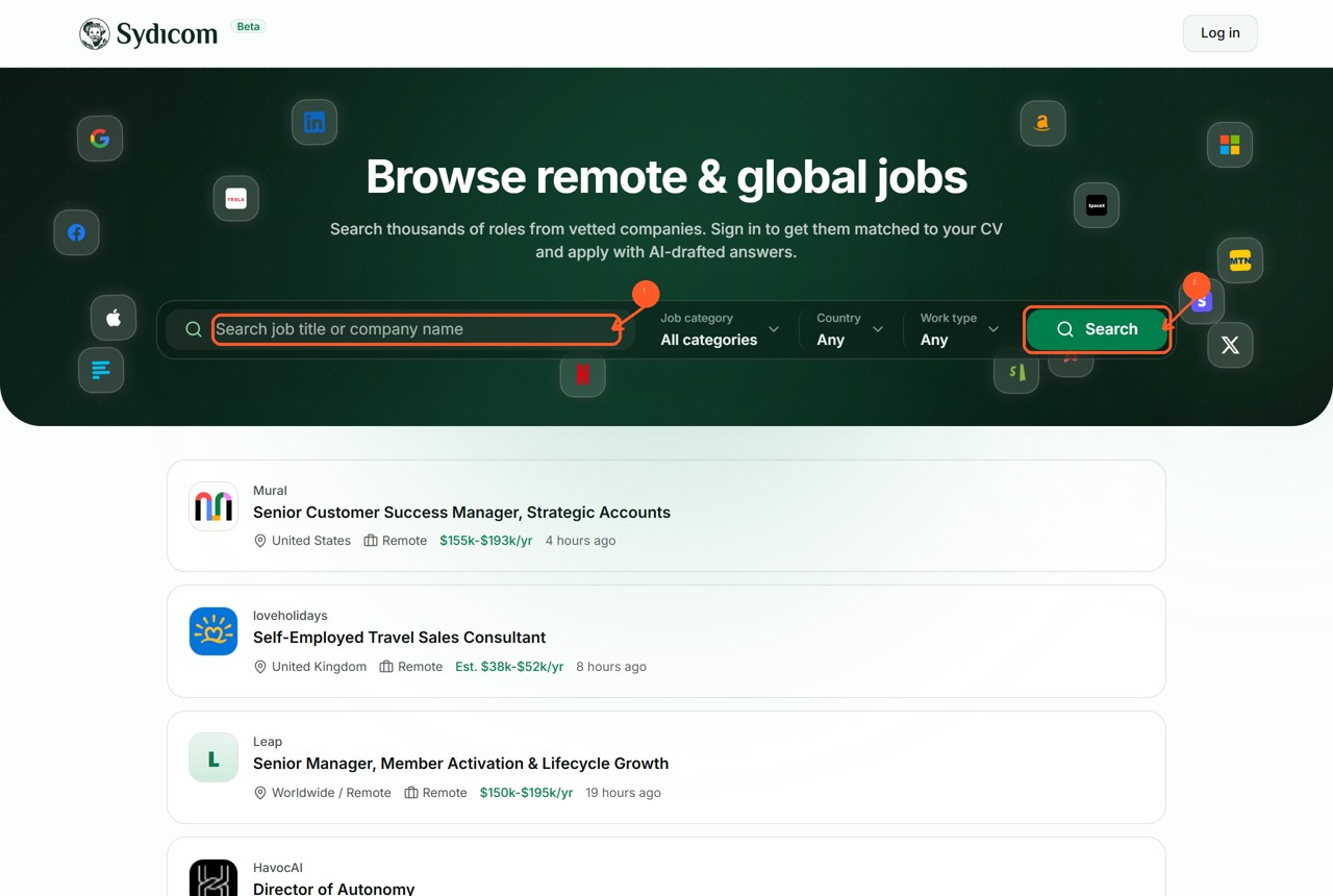 The Sydicom jobs board with the search box and the Search button highlighted