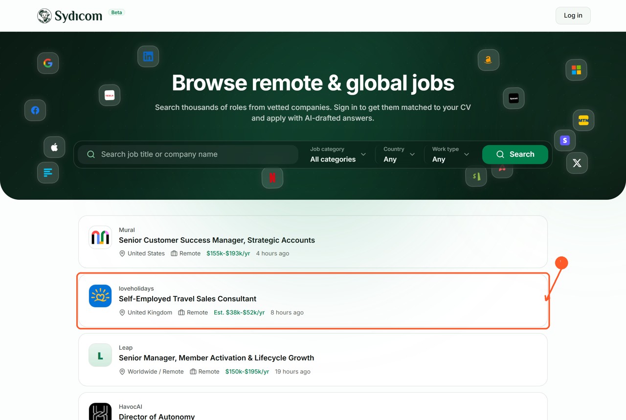 A job card on the Sydicom board highlighted, showing the company, location, work type, and salary
