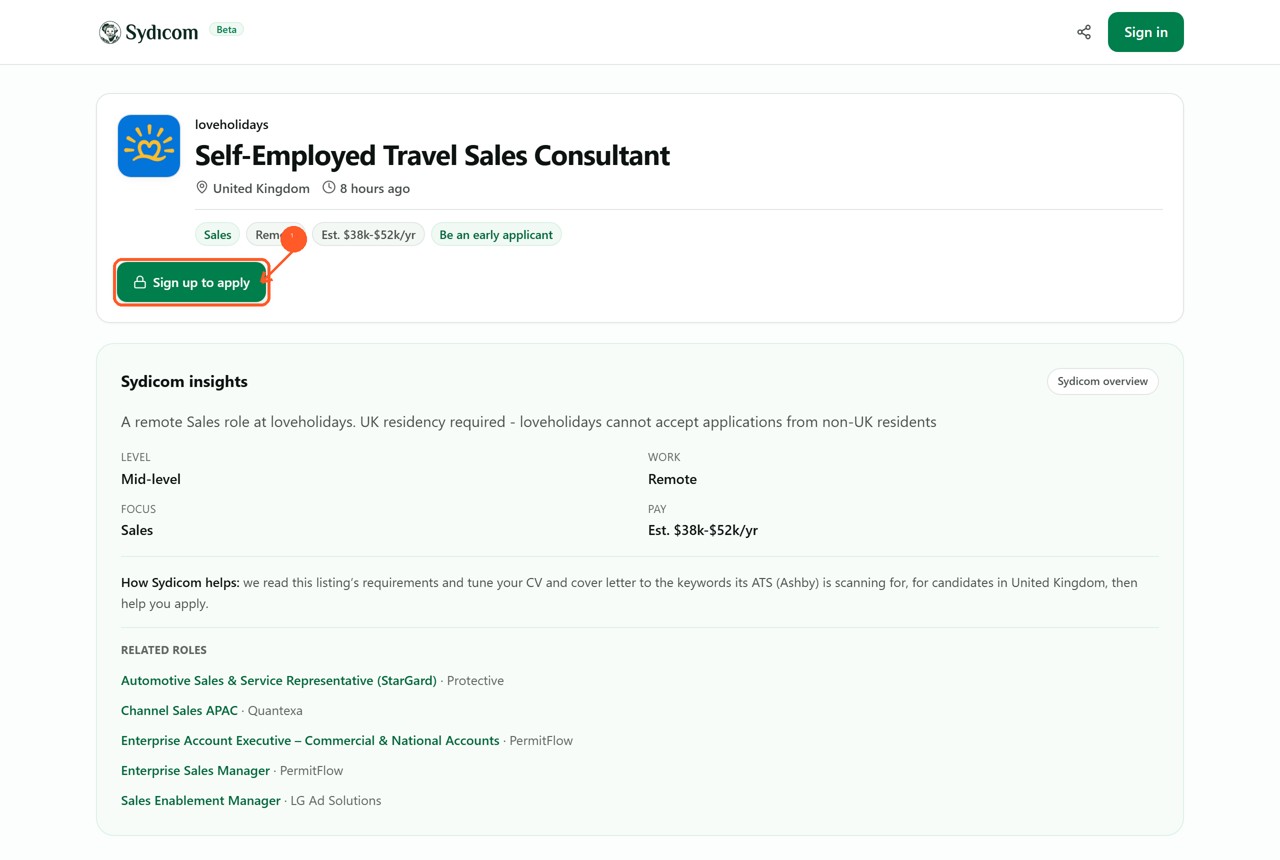 A remote job page on Sydicom with the Sign up to apply button highlighted, next to the Sydicom insights panel